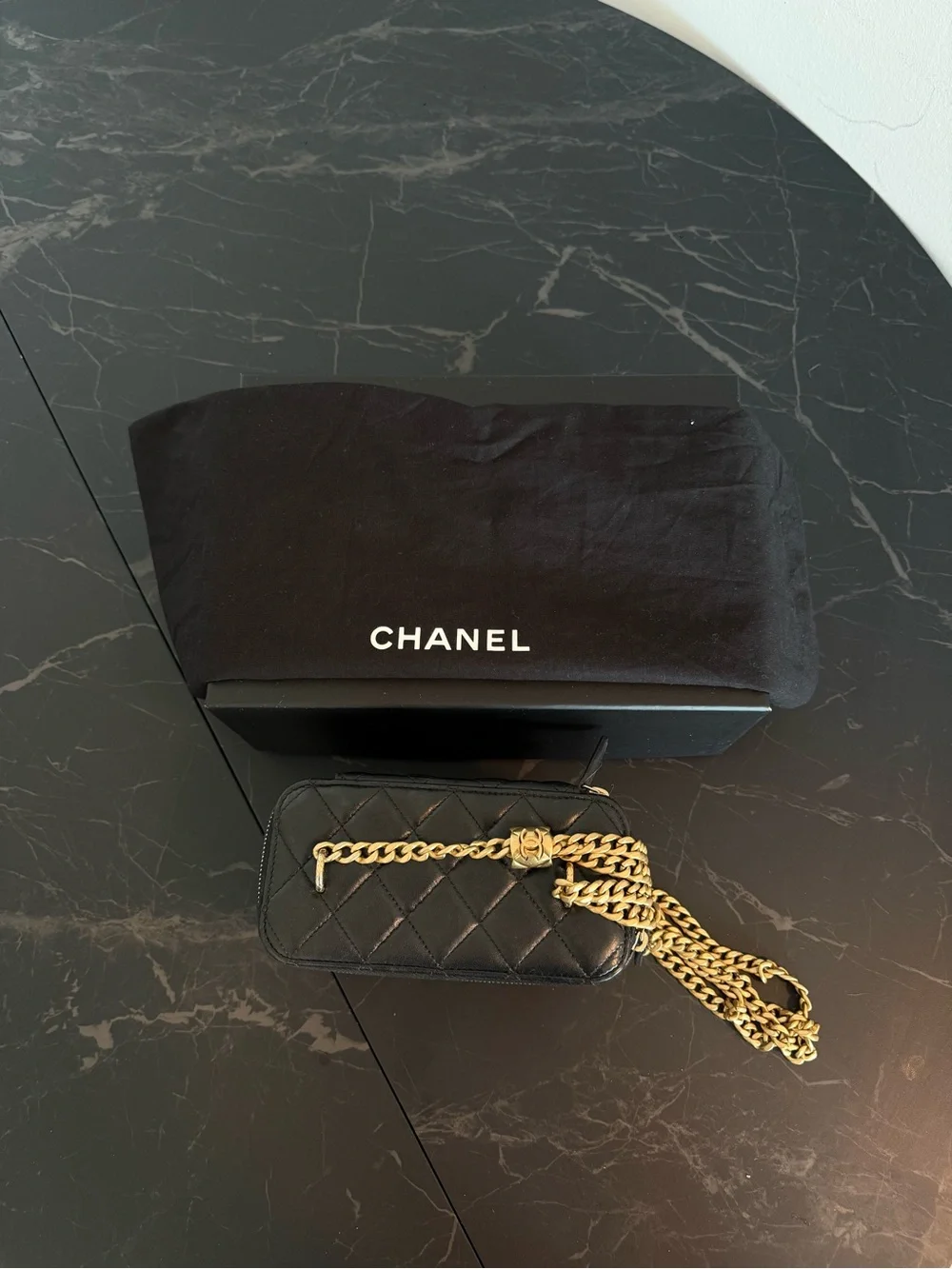 CHANEL Black Quilted Vanity Case with Gold Chain